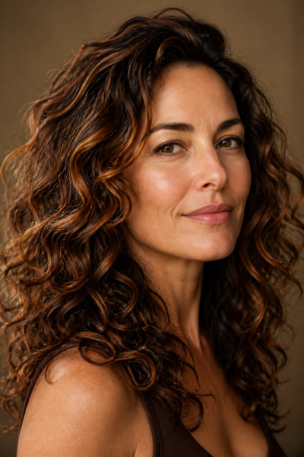 A 44-year-old woman wears long layered curls with a chestnut base and copper micro-ribbons that glow softly.
