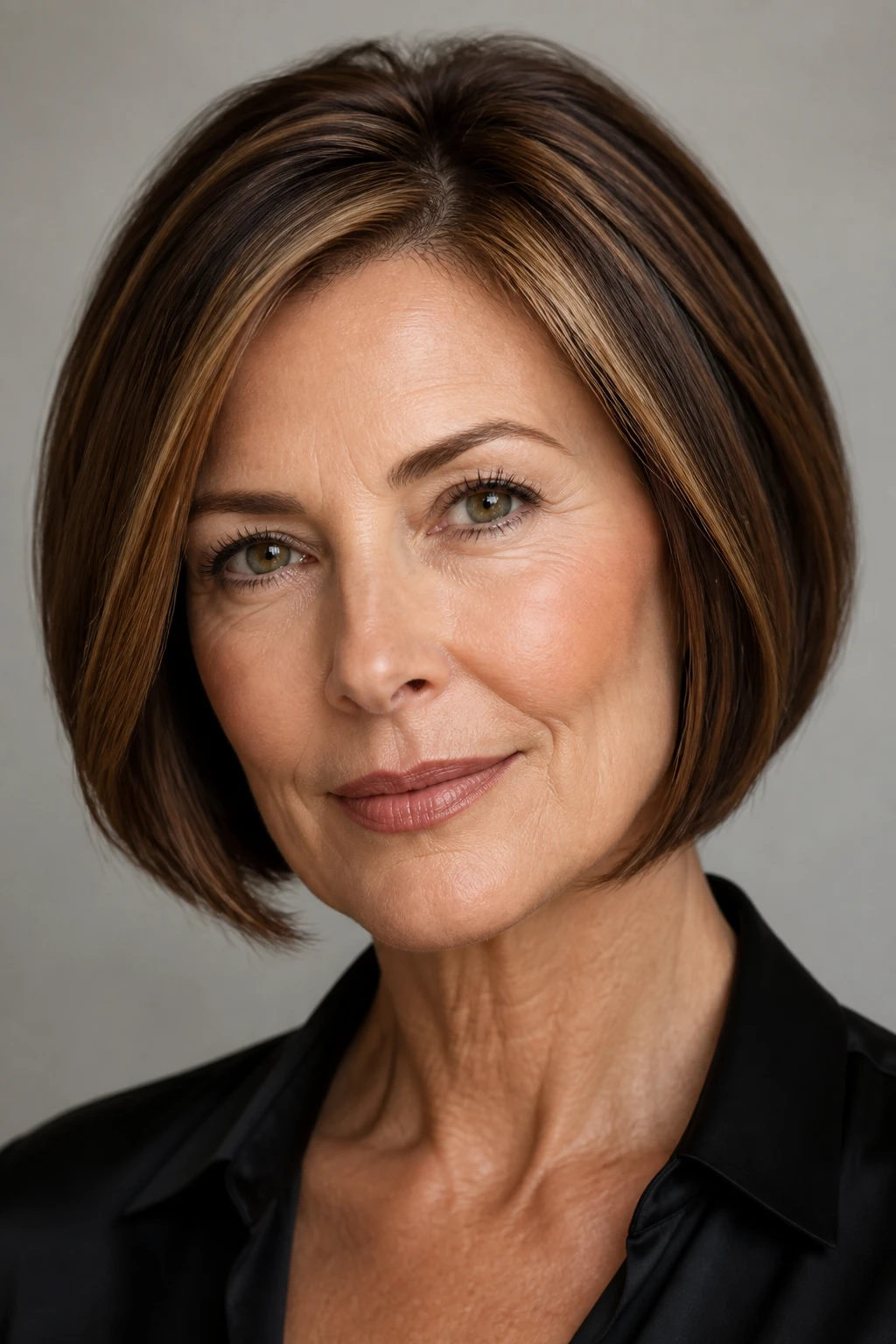 Cinnamon swirl highlights add copper-kissed dimension to a tailored bob on a chic woman in her mid-50s.