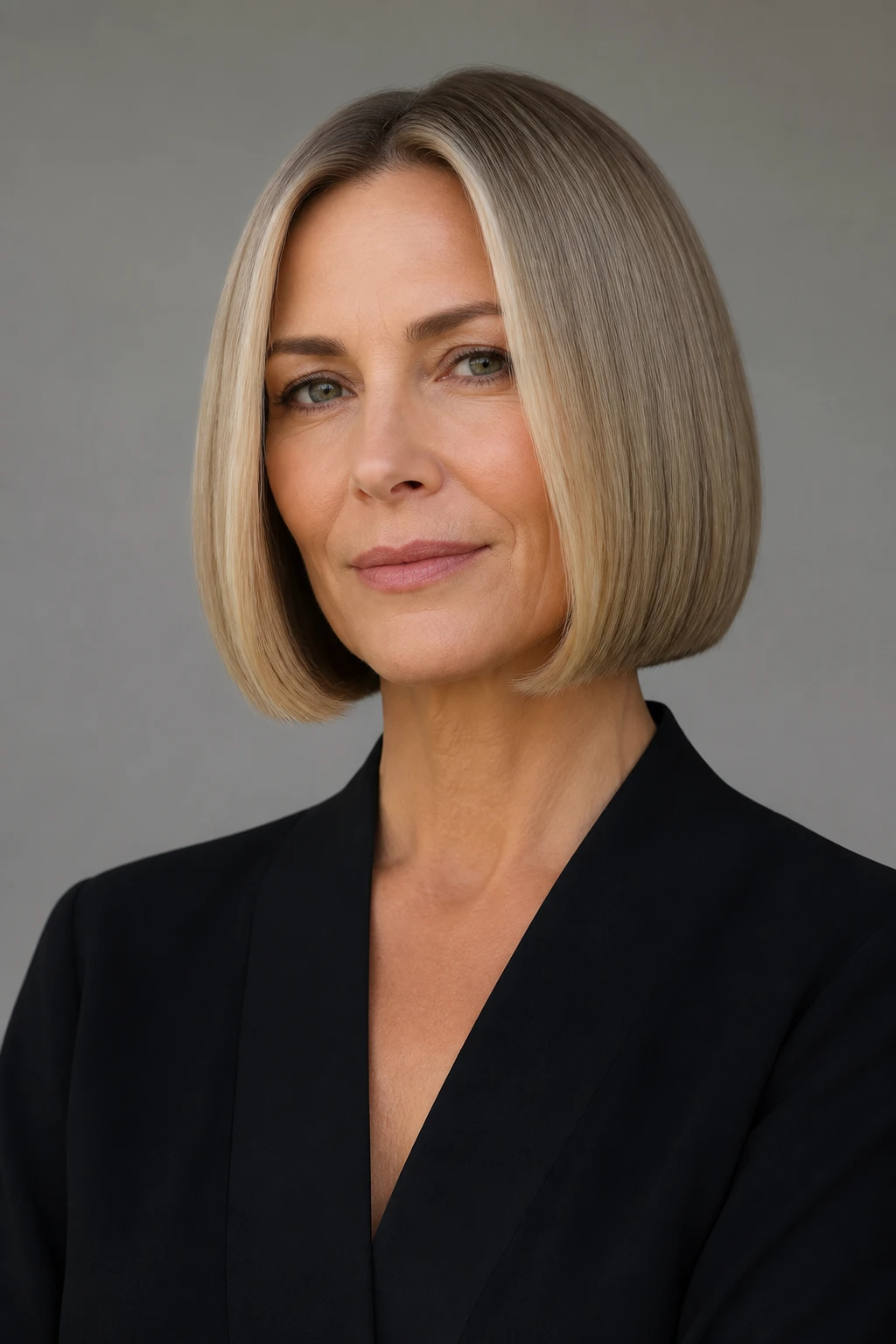 A sophisticated woman in her mid-50s wears a chin-length classic blunt bob with brighter front pieces and sleek ends.