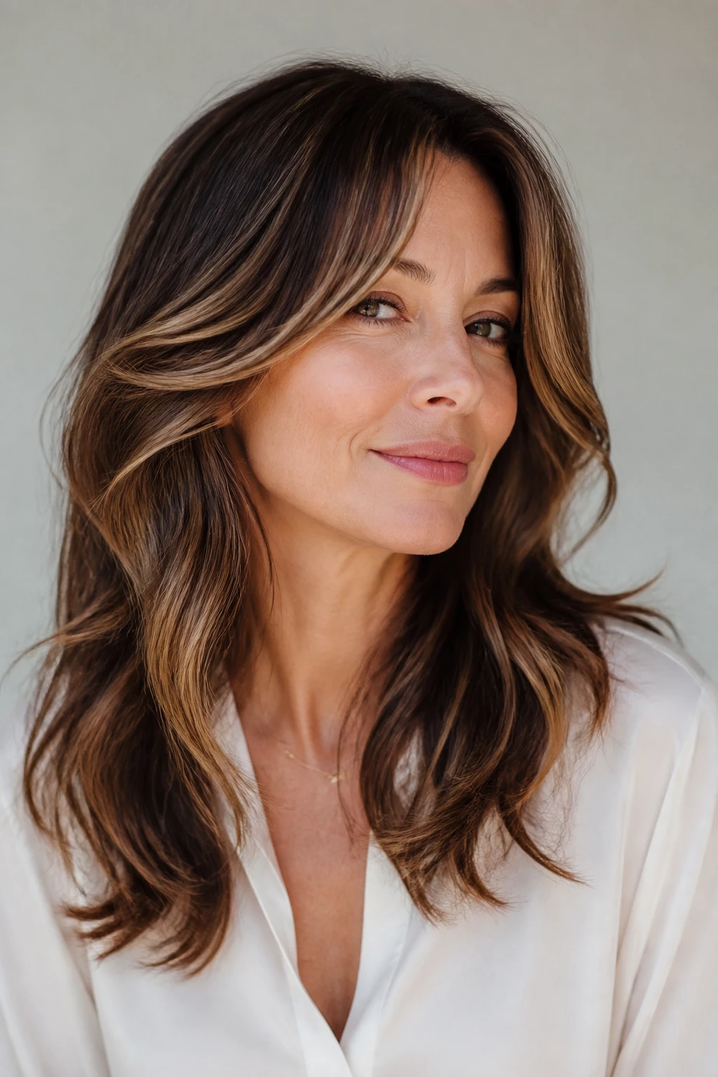A 44-year-old woman wears long layers with curtain bangs and soft waves for natural movement.