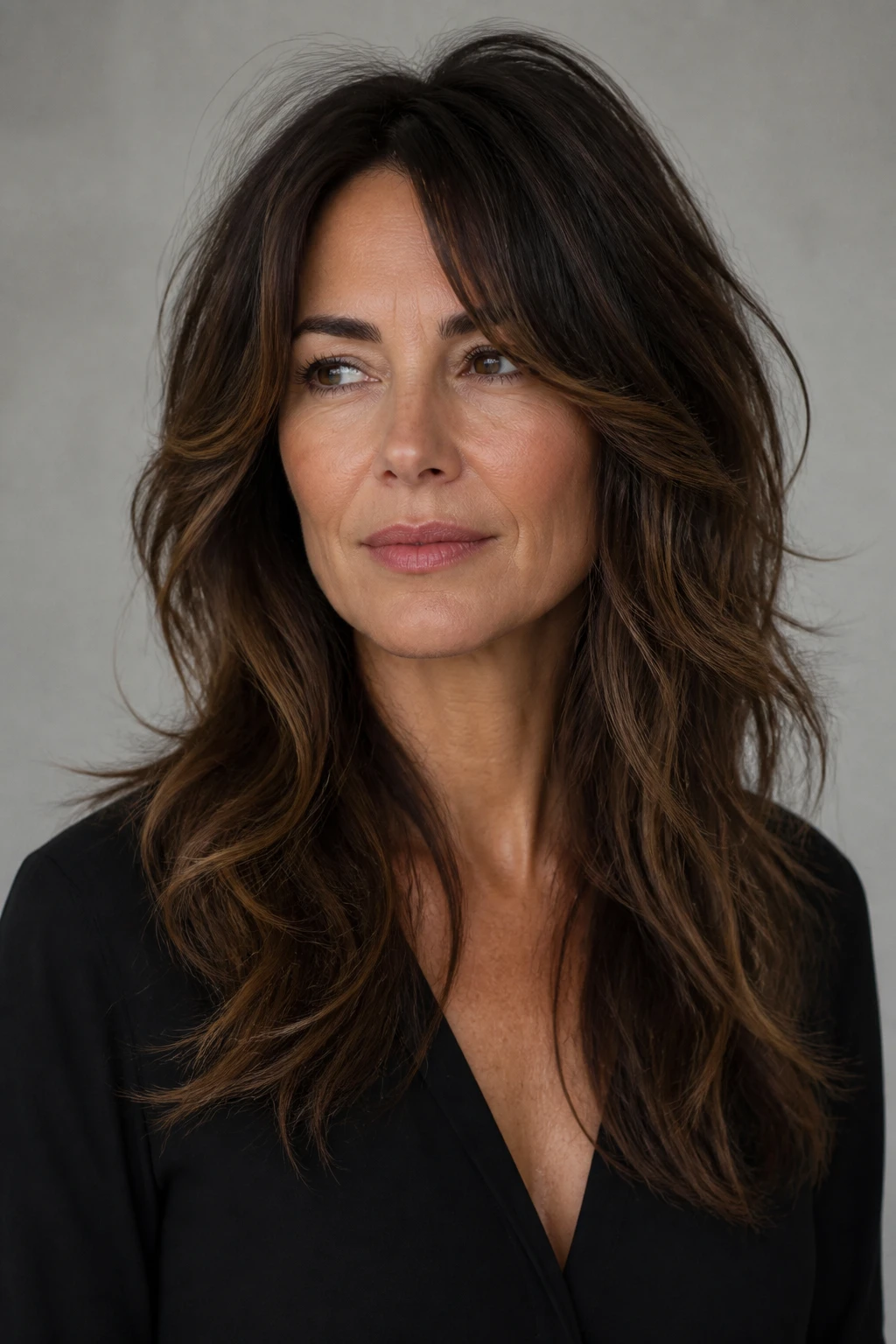 A strategic long shag with graduated layers and lived-in highlights on a stylish woman in her mid-40s.