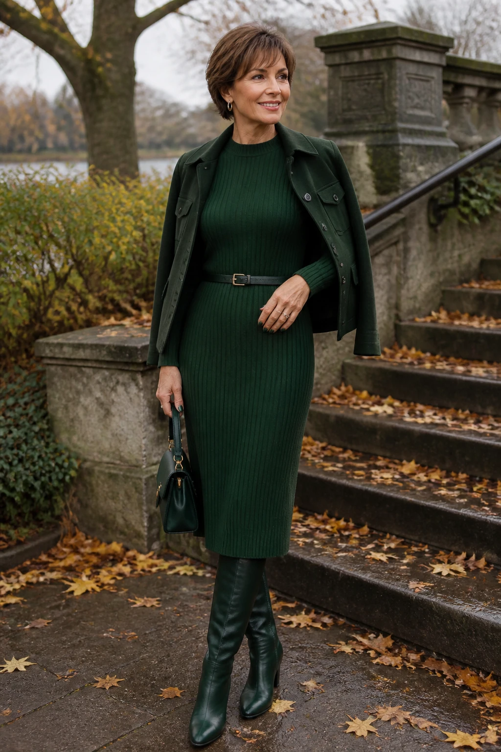 Mid-50s woman in a forest-green ribbed midi dress with matching knee-high boots and a cropped jacket in a soft outdoor setting.