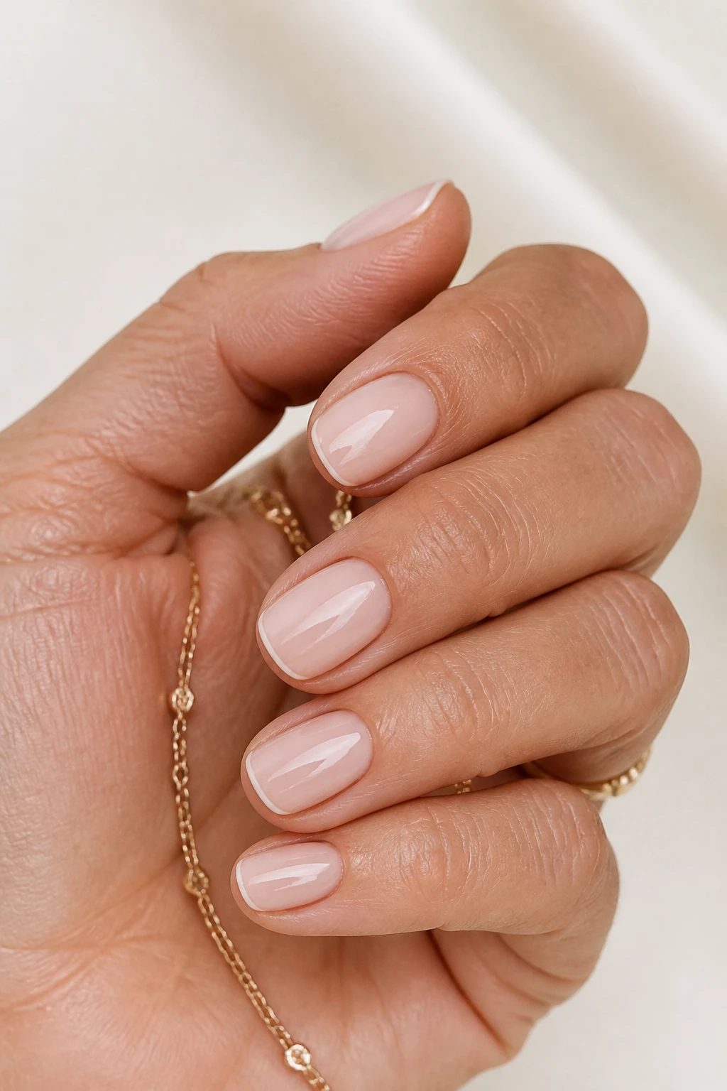 Milky nude French with whisper-thin micro-tips on short nails, perfect for a refined woman in her 50s.