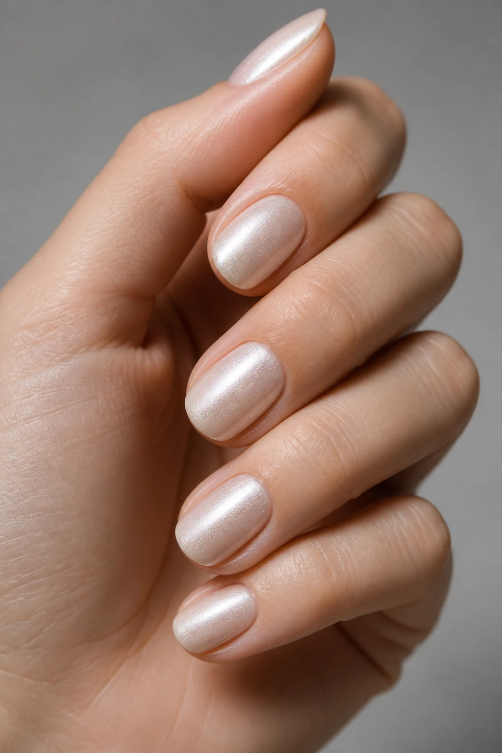 Short oval nails with a pearlized oyster sheen and fine micro-shimmer for subtle luminosity.