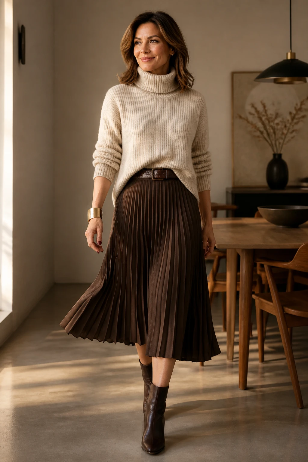 A stylish 44-year-old wears a chunky turtleneck with a knife-pleated midi skirt, croc-embossed belt, block-heel ankle boots, and matte oxblood nails.