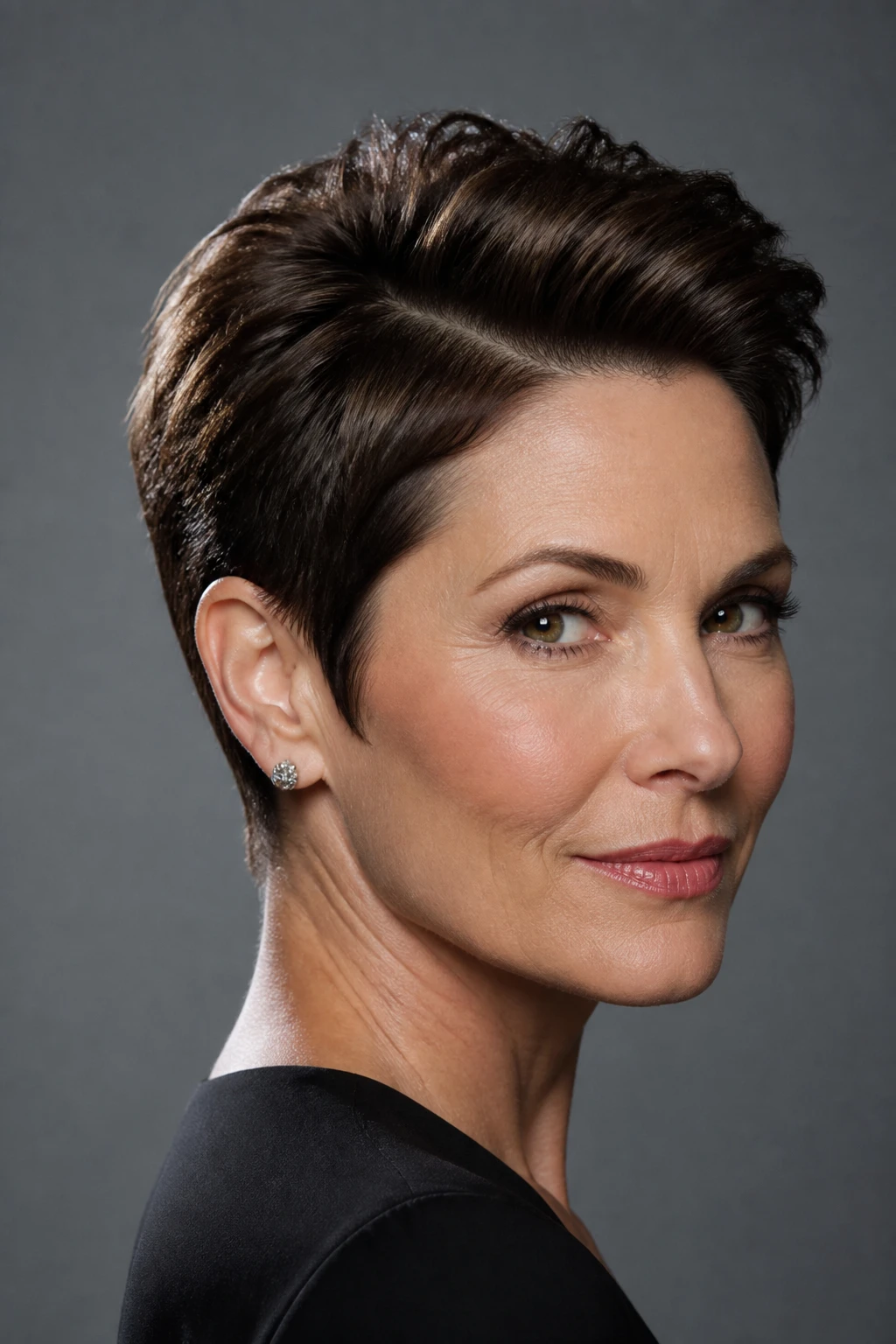 A polished pixie on a woman in her mid-40s with a tapered nape, elongated top, and glossy, piecey finish.