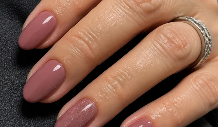 Soft almond nails in glossy rosy mauve with a subtle ring-finger micro-sparkle on a stylish woman in her mid-40s.