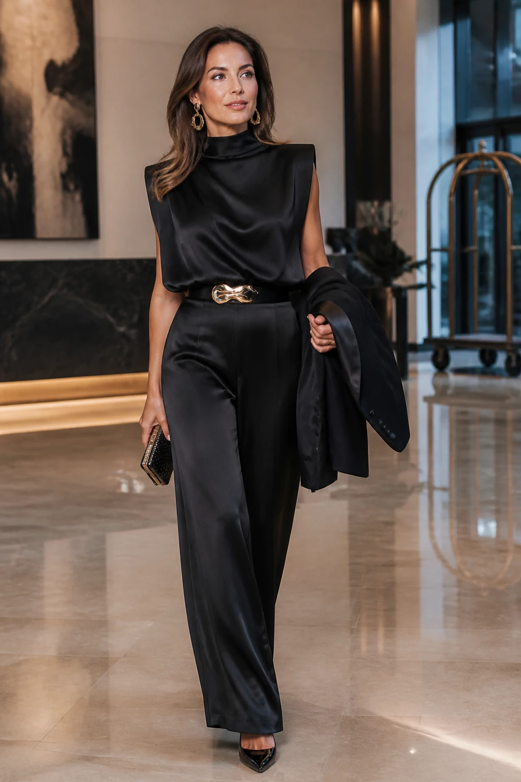 A sophisticated woman in her mid-40s wears a black satin jumpsuit with a sculpted metallic belt, pointed pumps, and architectural earrings in a modern hotel setting.