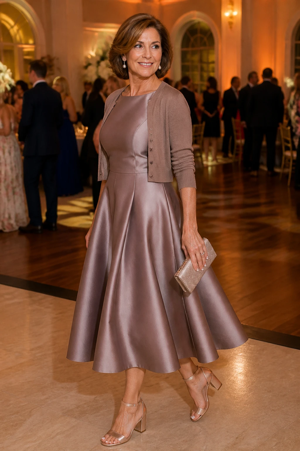 A poised woman in her mid-50s wears a matte satin tea-length dress with a defined waist, pearl earrings, metallic block heels, and a cropped cardigan at a wedding reception.