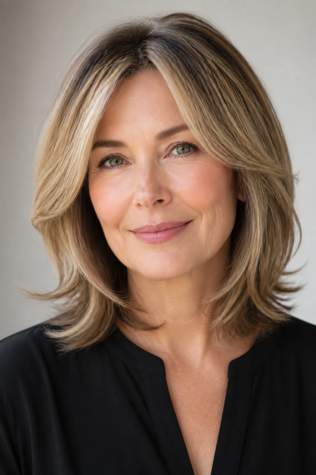 A chic 54-year-old shows a shoulder-grazing layered cut for fine hair with invisible layers, point-cut ends, and subtle two-tone highlights.