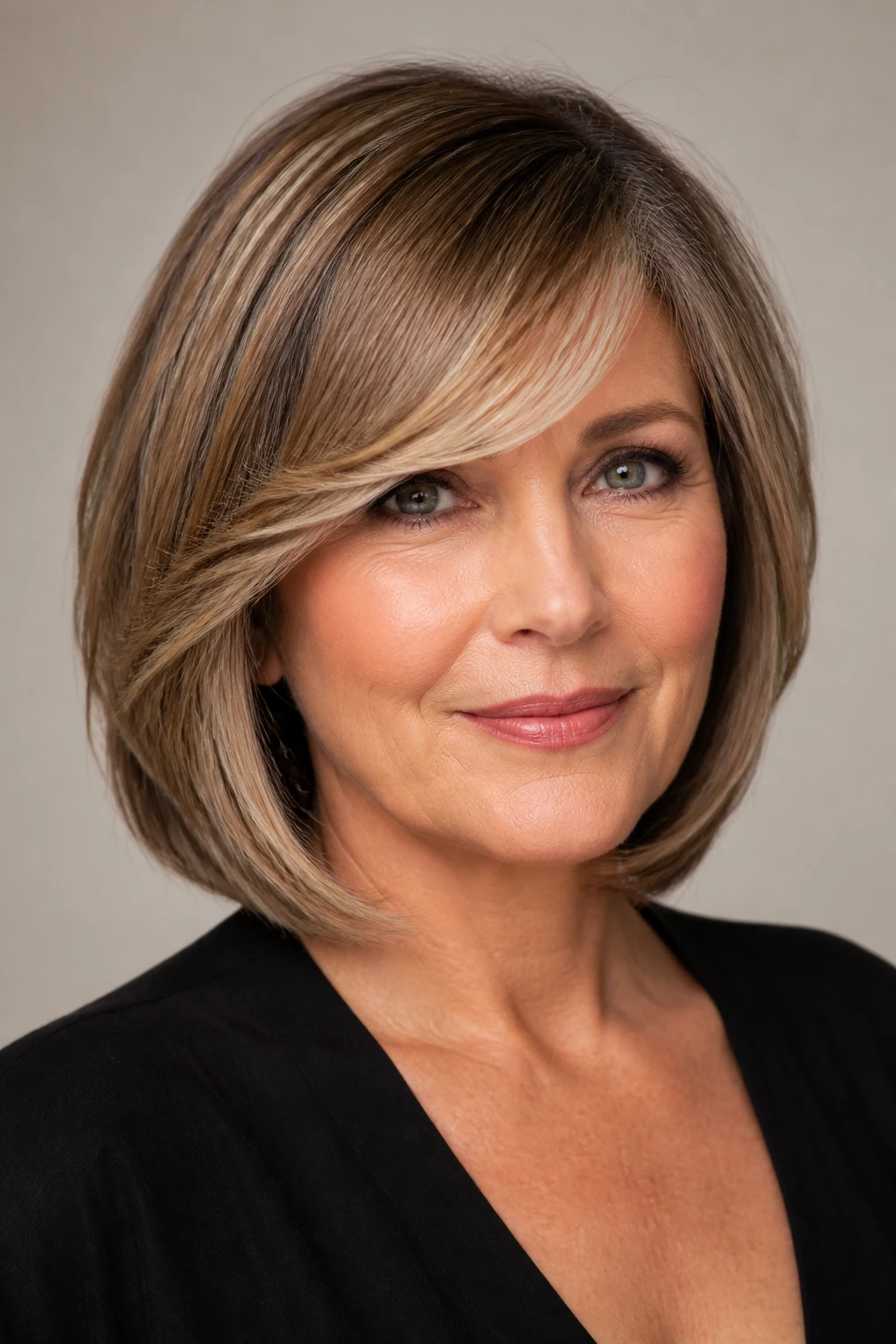 A confident woman in her mid-50s with a side-parted shoulder bob and swoopy side-swept bangs.