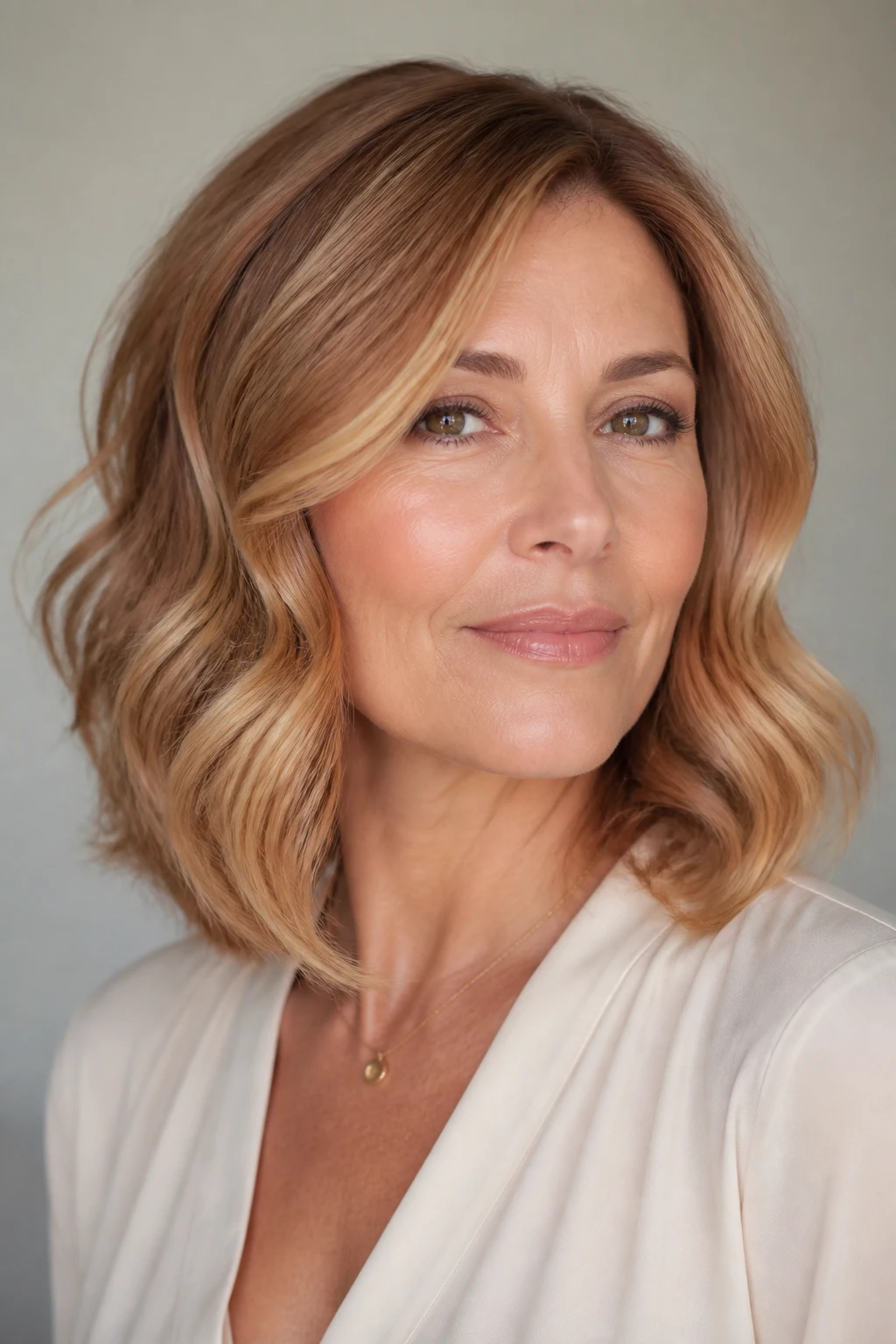 A chic woman in her mid-40s wears strawberry bronde, warm near the eyes and temples with golden ends.