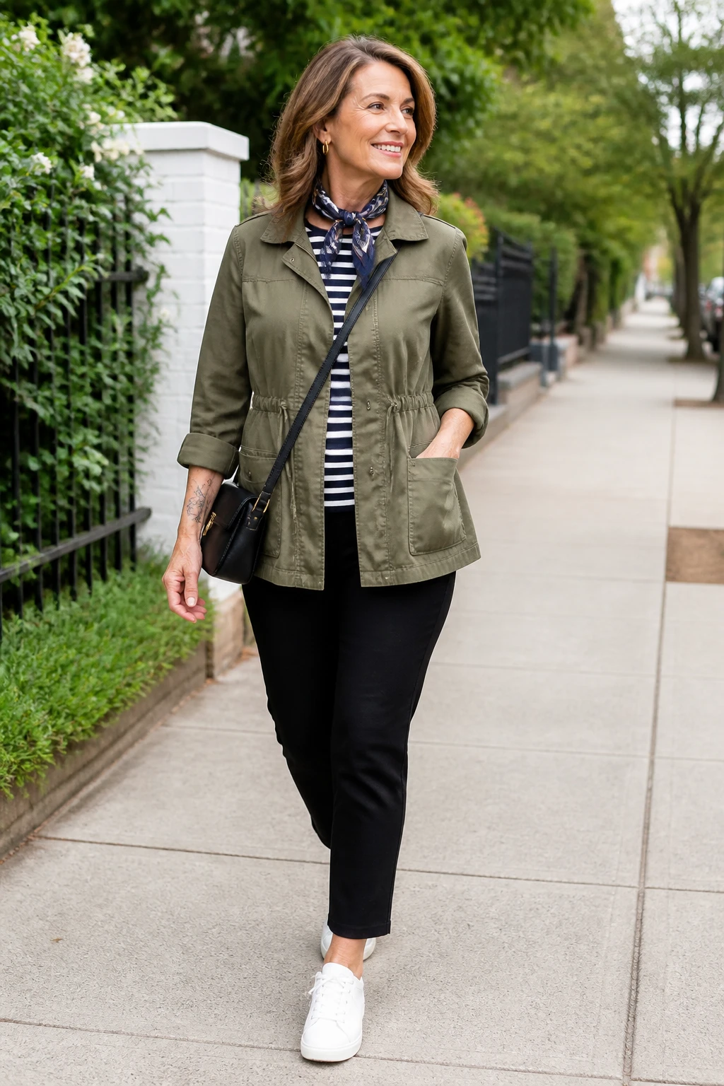 A stylish woman in her late 50s wears an olive utility jacket, ankle ponte pants, and low-profile white sneakers with a silk neck scarf and crossbody.