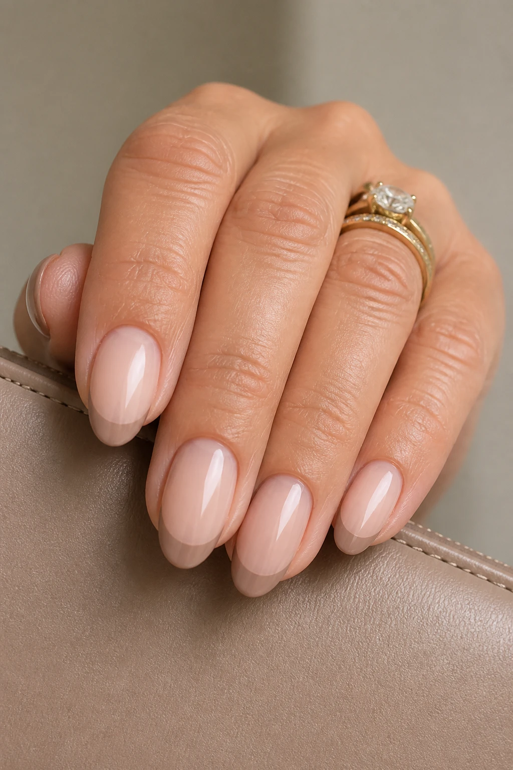 Almond French with soft beige tips and a glossy glow on a stylish woman in her mid-50s.