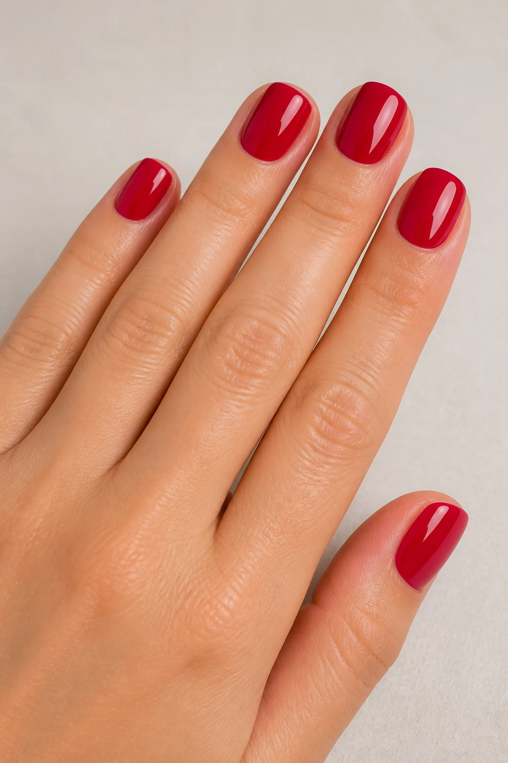 Short squoval nails in a glossy blue-red for iconic impact.