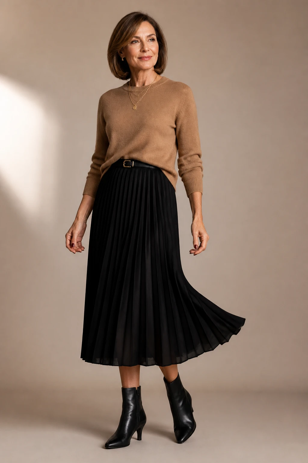 A chic woman in her late 50s wears a camel cashmere crewneck with a black pleated midi skirt and sleek ankle boots.