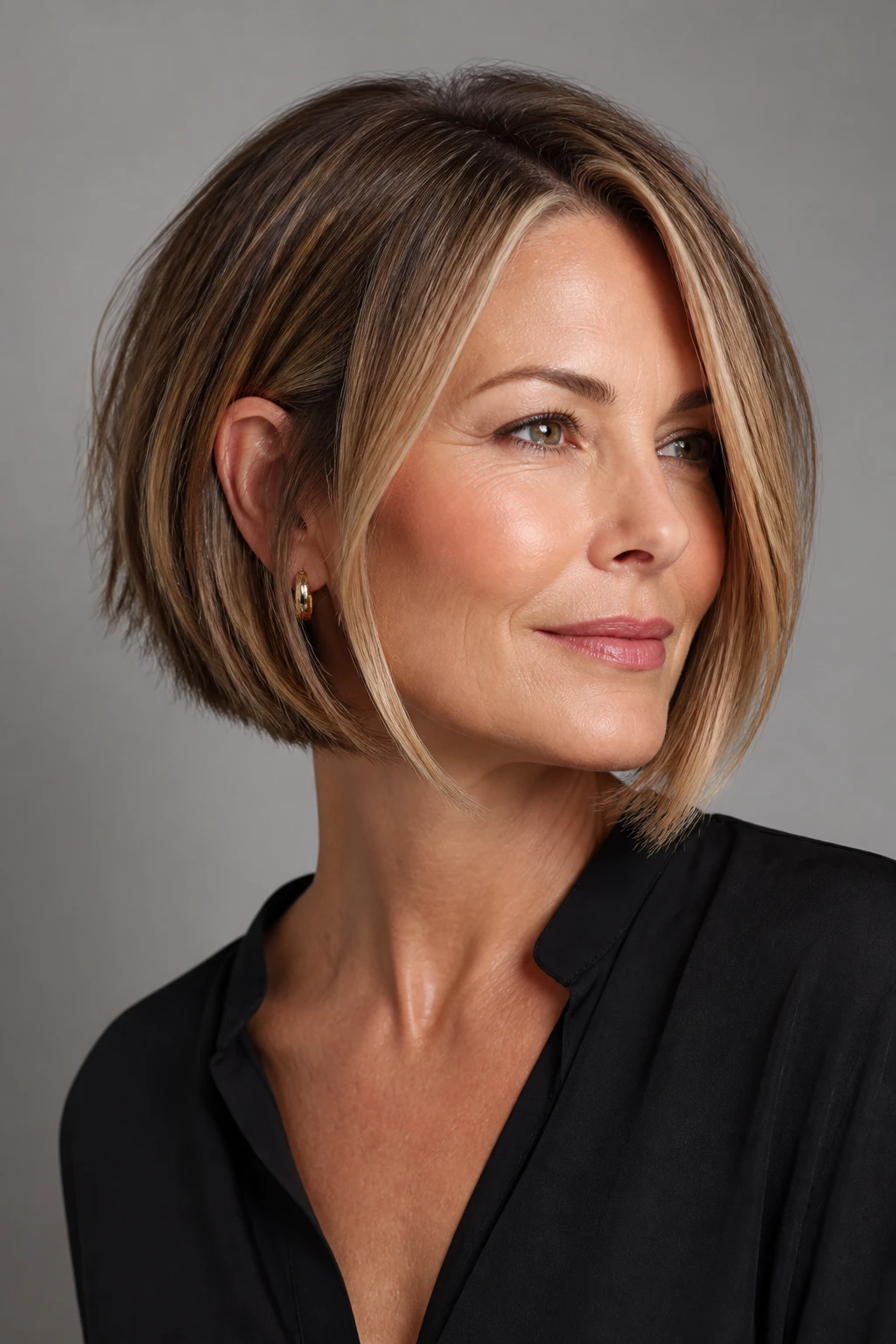 A mid-40s woman with a chin-length textured bob and breezy, face-beveled ends.