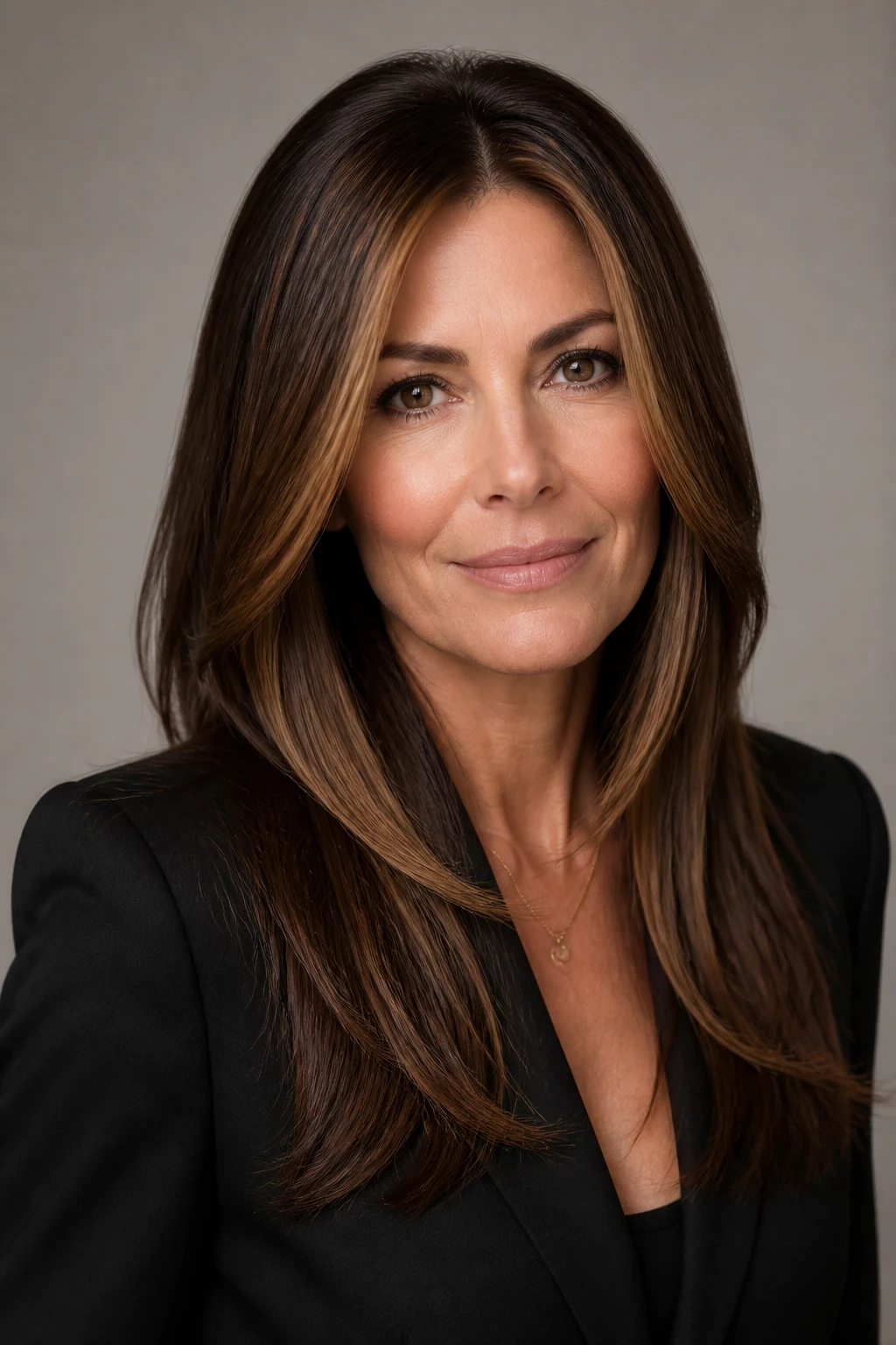 A chic woman in her mid-40s has rich chocolate hair with a softly blended caramel face-frame that widens at the jaw.