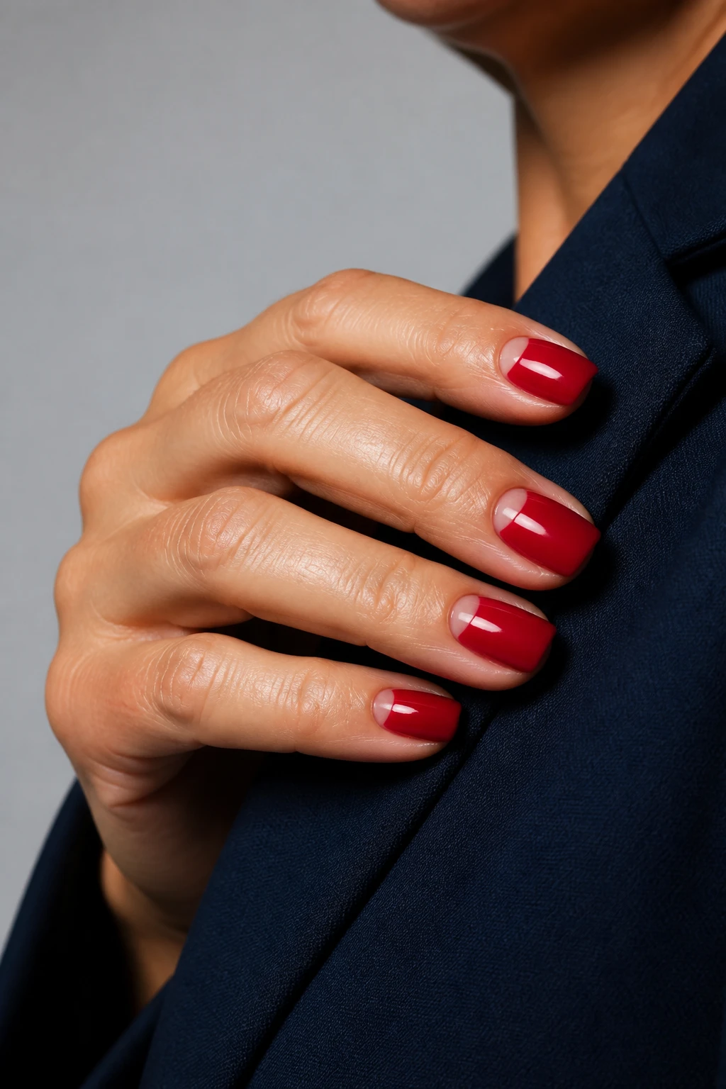 Short-medium squoval nails in glossy classic blue-red with a clear half-moon on a refined woman in her late 40s.