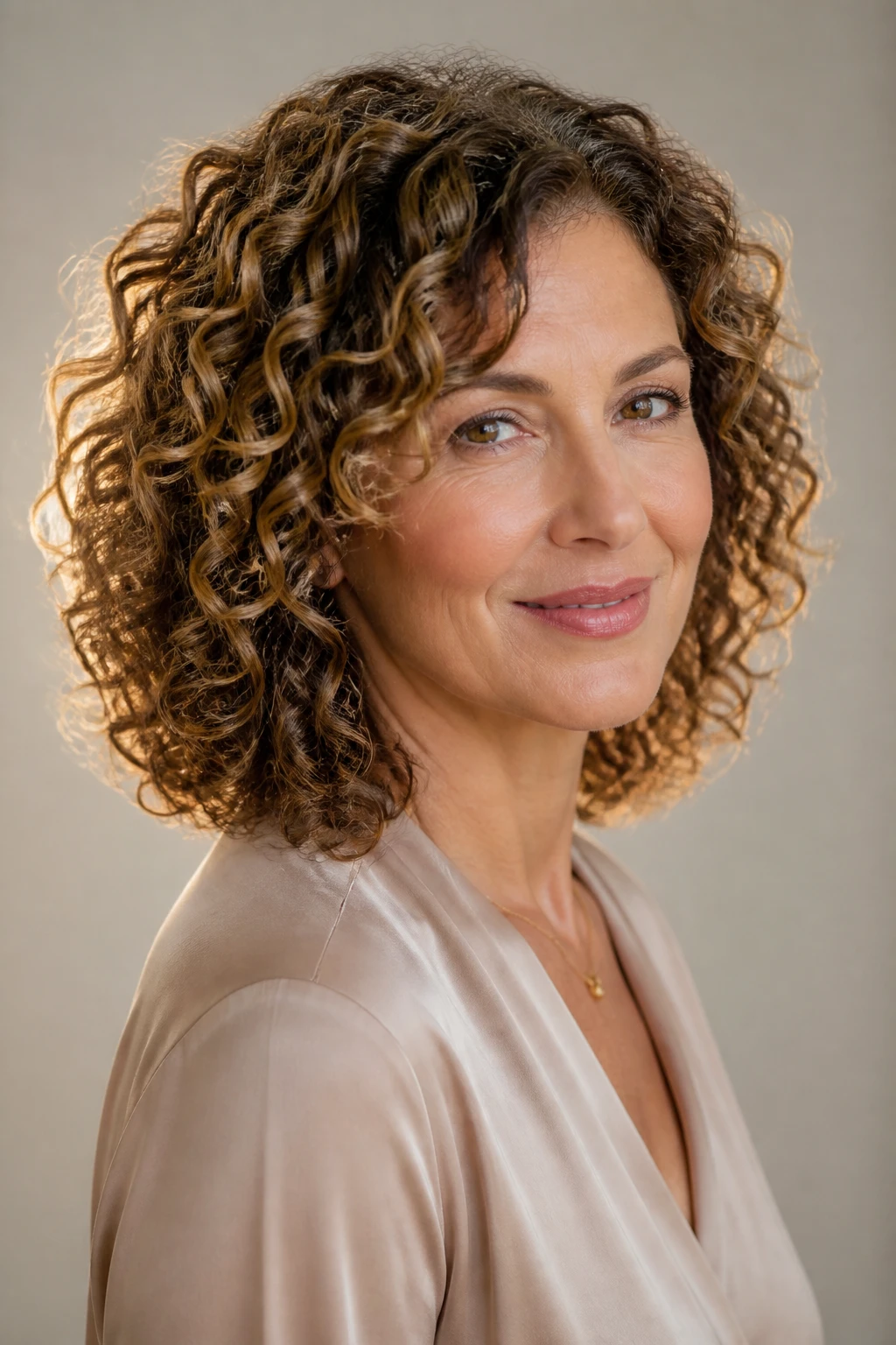 An elegant mid-50s woman wears a curly mid-length cut with rounded, curl-by-curl layers and subtle pintura highlights.