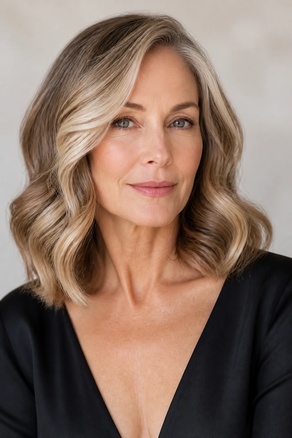 An elegant mid-50s woman with a glossy collarbone lob, off-center part, and soft waves that start at the cheek with bright face-framing ribbons.