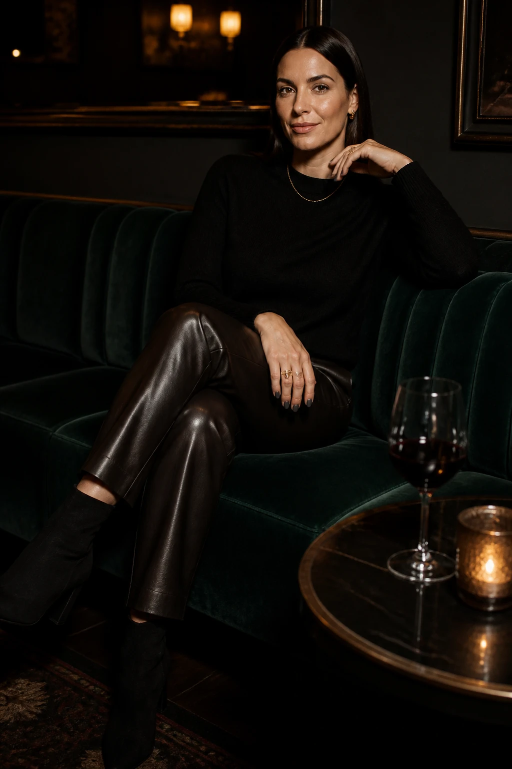 A refined woman in her early 30s pairs espresso leather ankle-grazing trousers with a black fine-knit crewneck, black sock boots, and minimal jewelry.