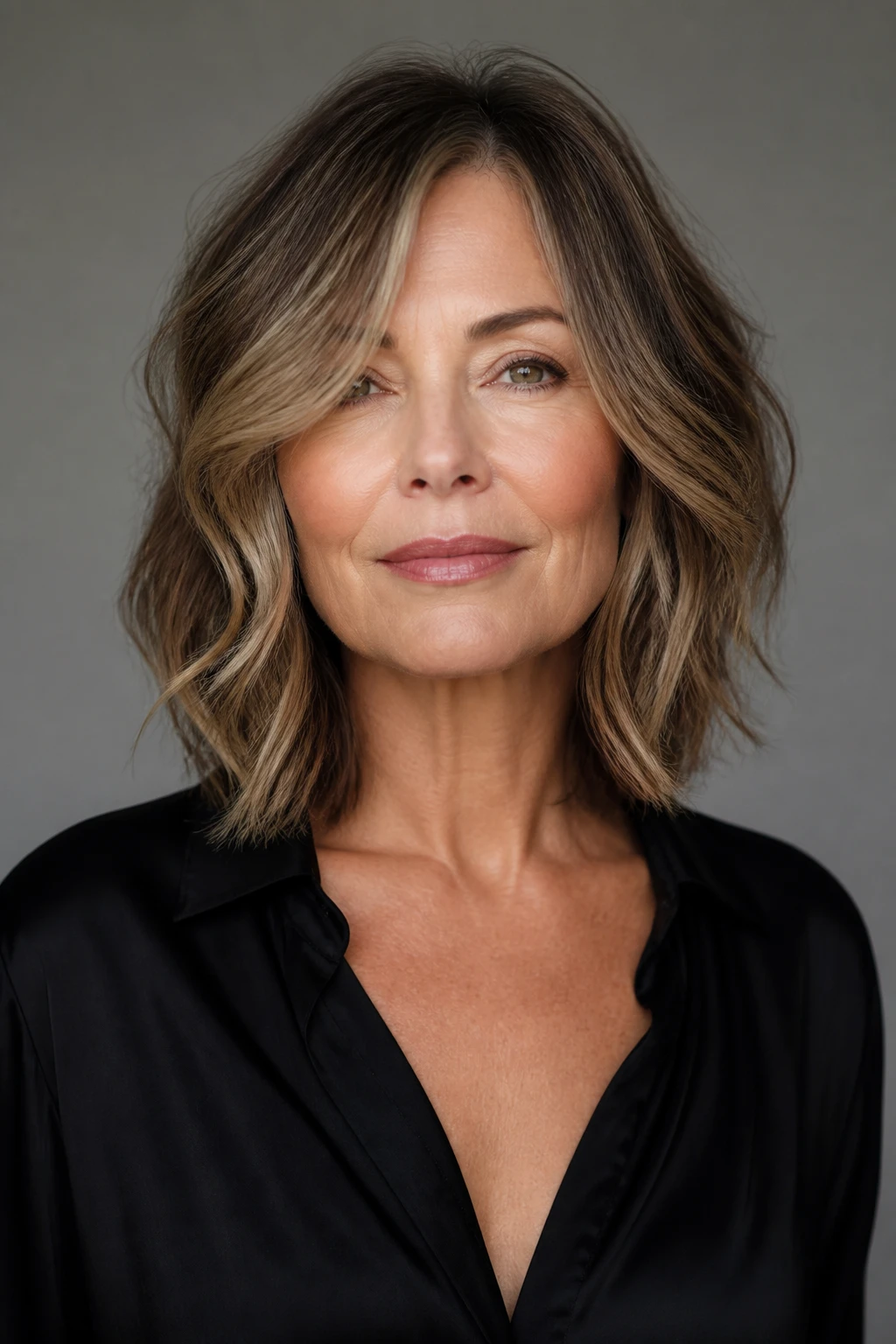A confident woman in her late 50s wears a collarbone-to-shoulder lob with invisible layers and softly lighter face pieces.