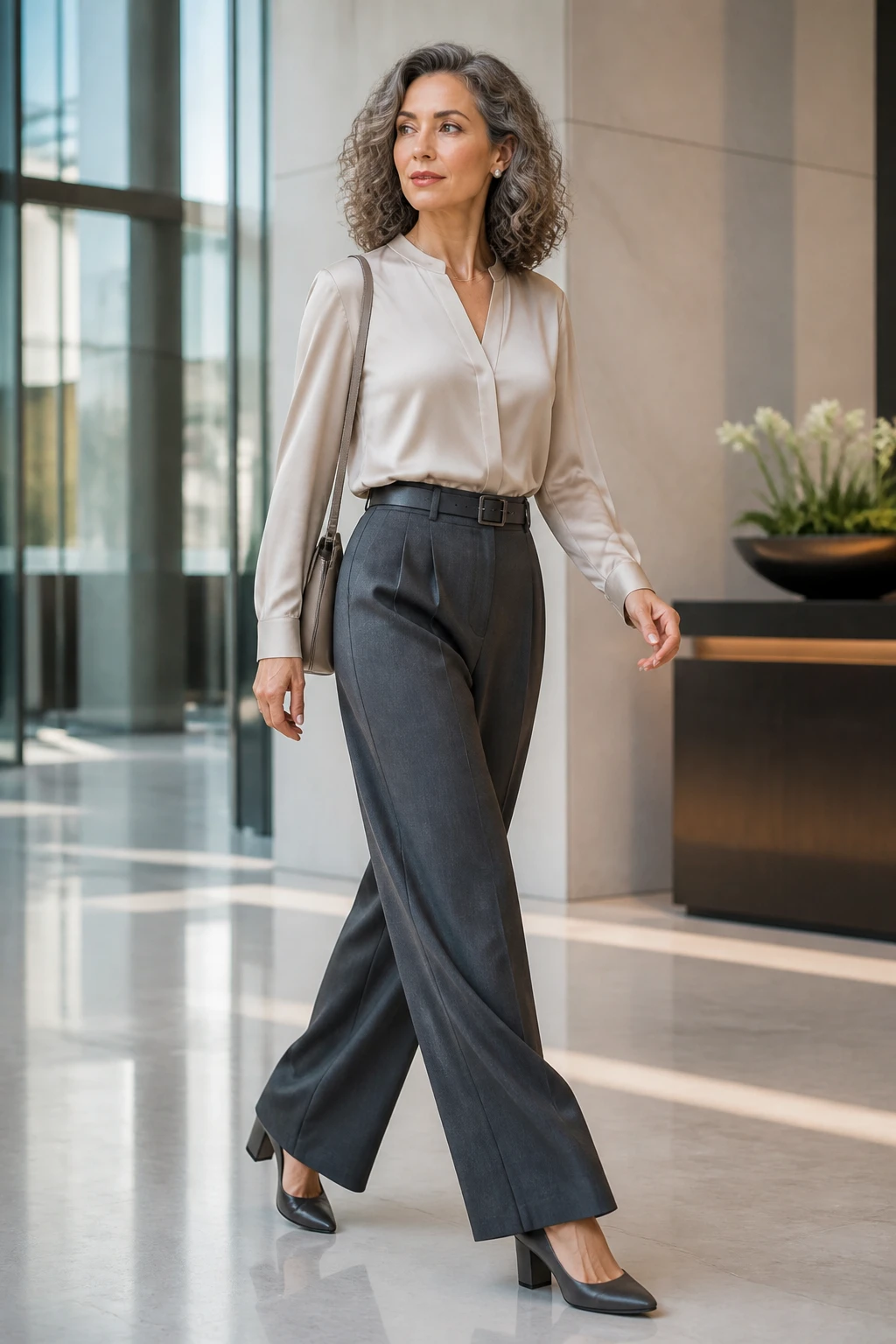 Confident mid-50s woman in wide-leg trousers, tucked silk blouse, and a structured belt with block-heel pumps in a modern lobby.