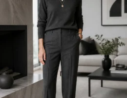 An elegant woman in her late 40s wears a monochrome charcoal outfit with straight trousers, matching knit, patent loafers, and layered chains.