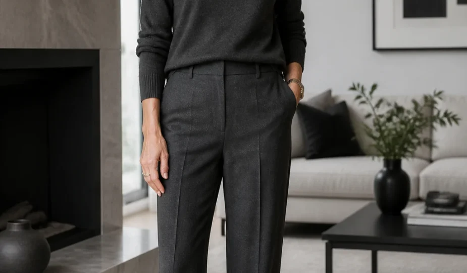 An elegant woman in her late 40s wears a monochrome charcoal outfit with straight trousers, matching knit, patent loafers, and layered chains.
