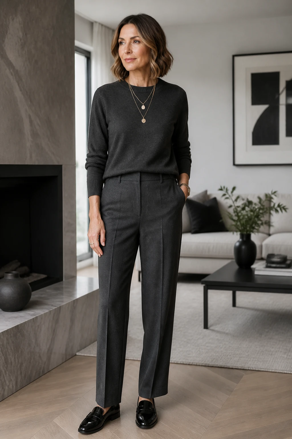 An elegant woman in her late 40s wears a monochrome charcoal outfit with straight trousers, matching knit, patent loafers, and layered chains.