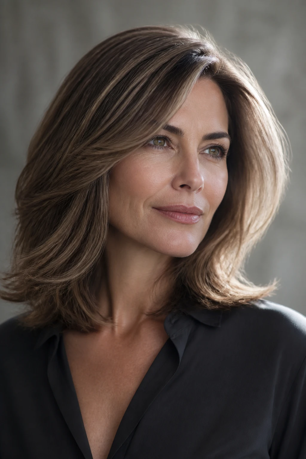 A sophisticated 47-year-old wears mushroom brown with delicate micro babylights for cool, dimensional shine.