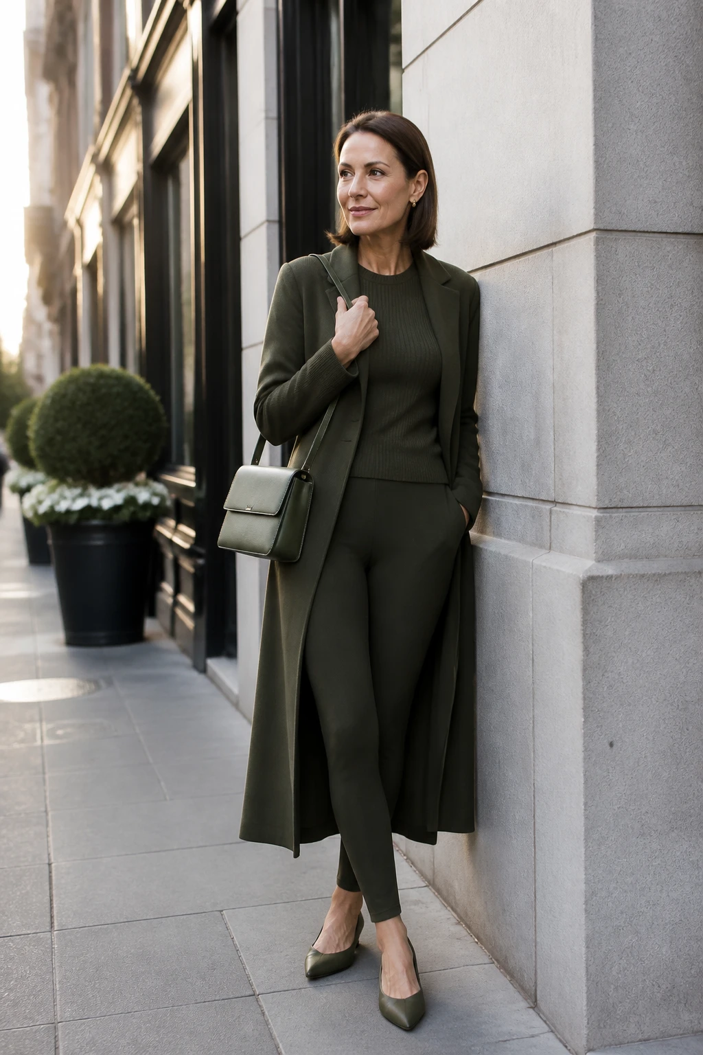 A refined woman in her late 40s wears a deep olive monochrome set with leggings, fitted knit, a long duster coat, and pointed flats.