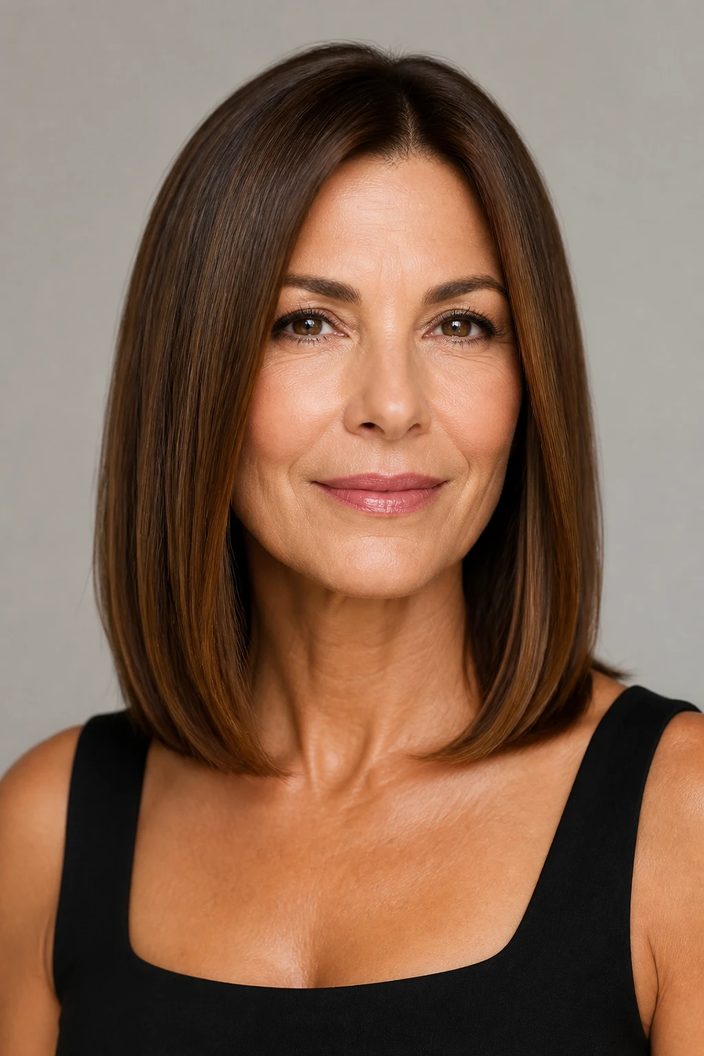 A stylish woman in her mid-50s with a sleek shoulder-length cut beveled subtly inward at the ends.