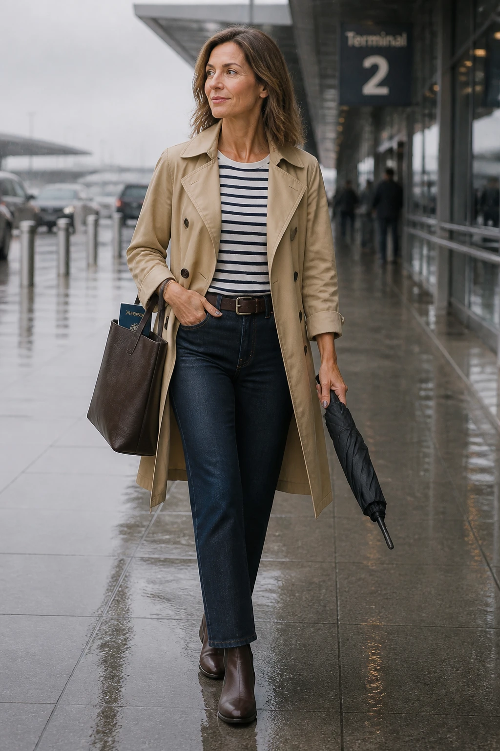 A chic mid-40s woman wears a relaxed trench over a Breton stripe tee with dark straight-leg jeans and Chelsea boots on a rainy travel day.