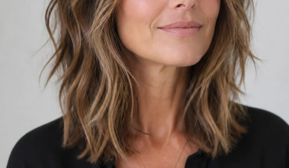 A shoulder-grazing shag with shattered ends and air-dried texture on a stylish woman in her mid-40s, subtly sun-faded.