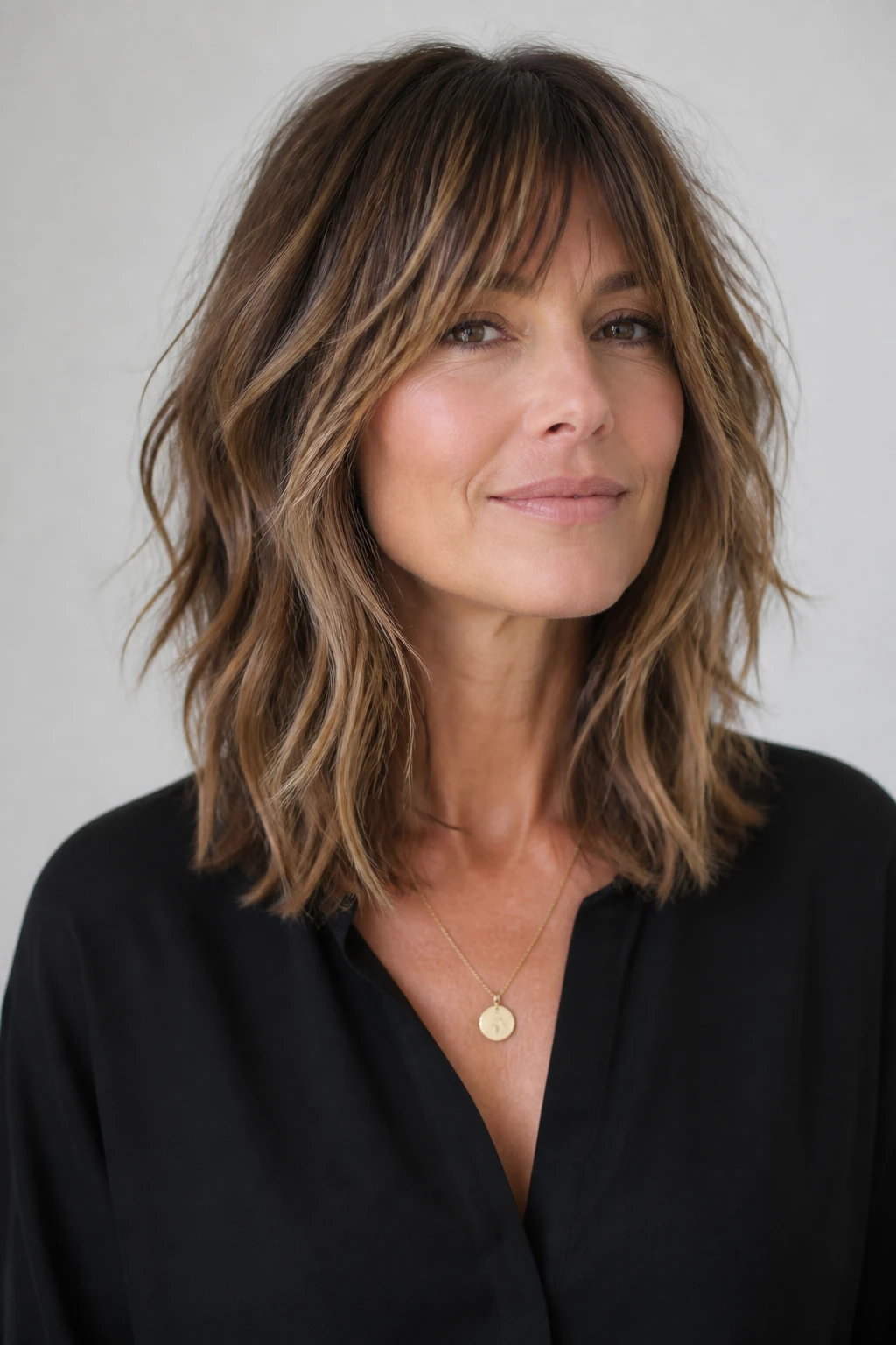 A shoulder-grazing shag with shattered ends and air-dried texture on a stylish woman in her mid-40s, subtly sun-faded.