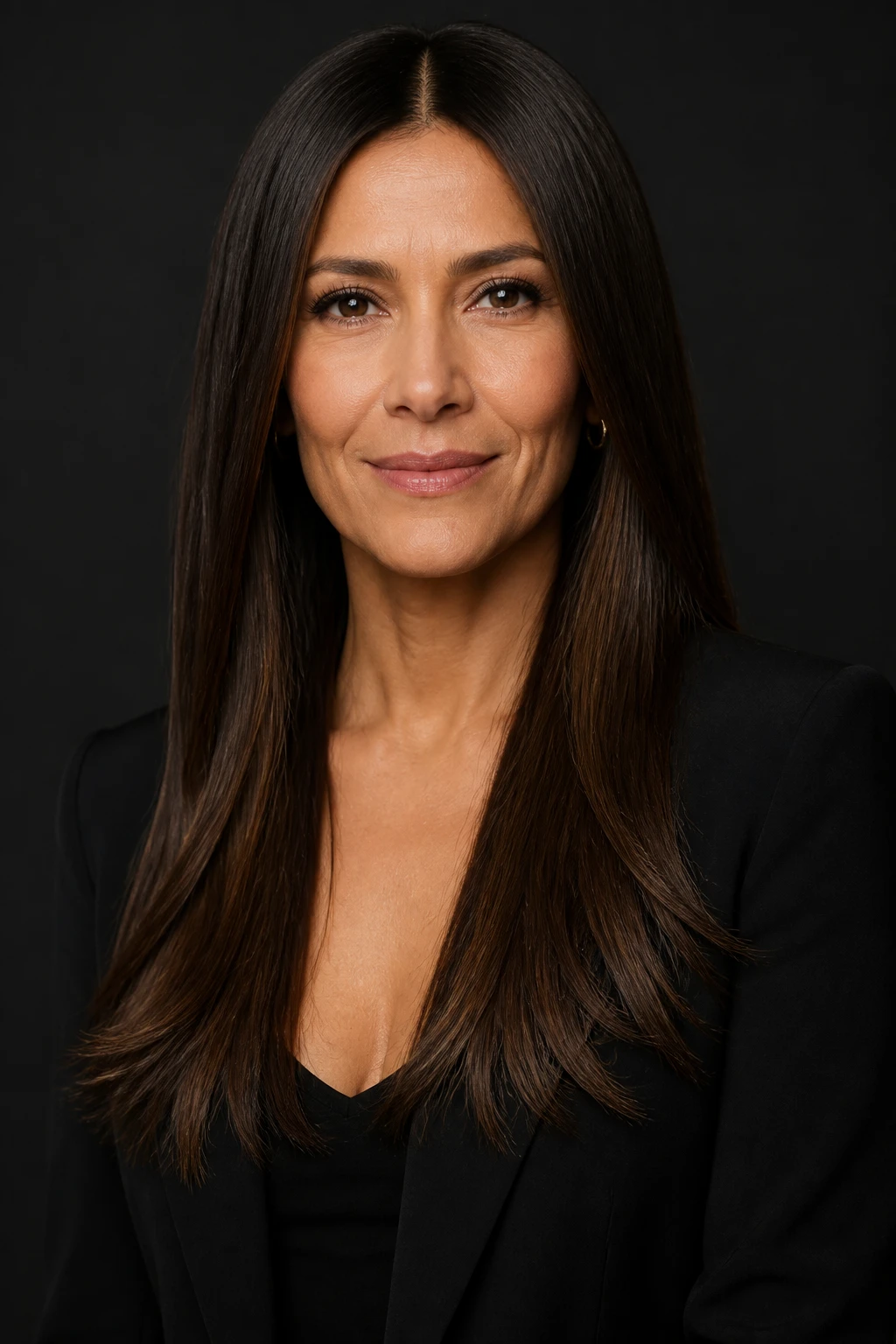 Sleek center-part long hair with subtle micro-layers and softly smudged roots on a woman in her mid-40s.