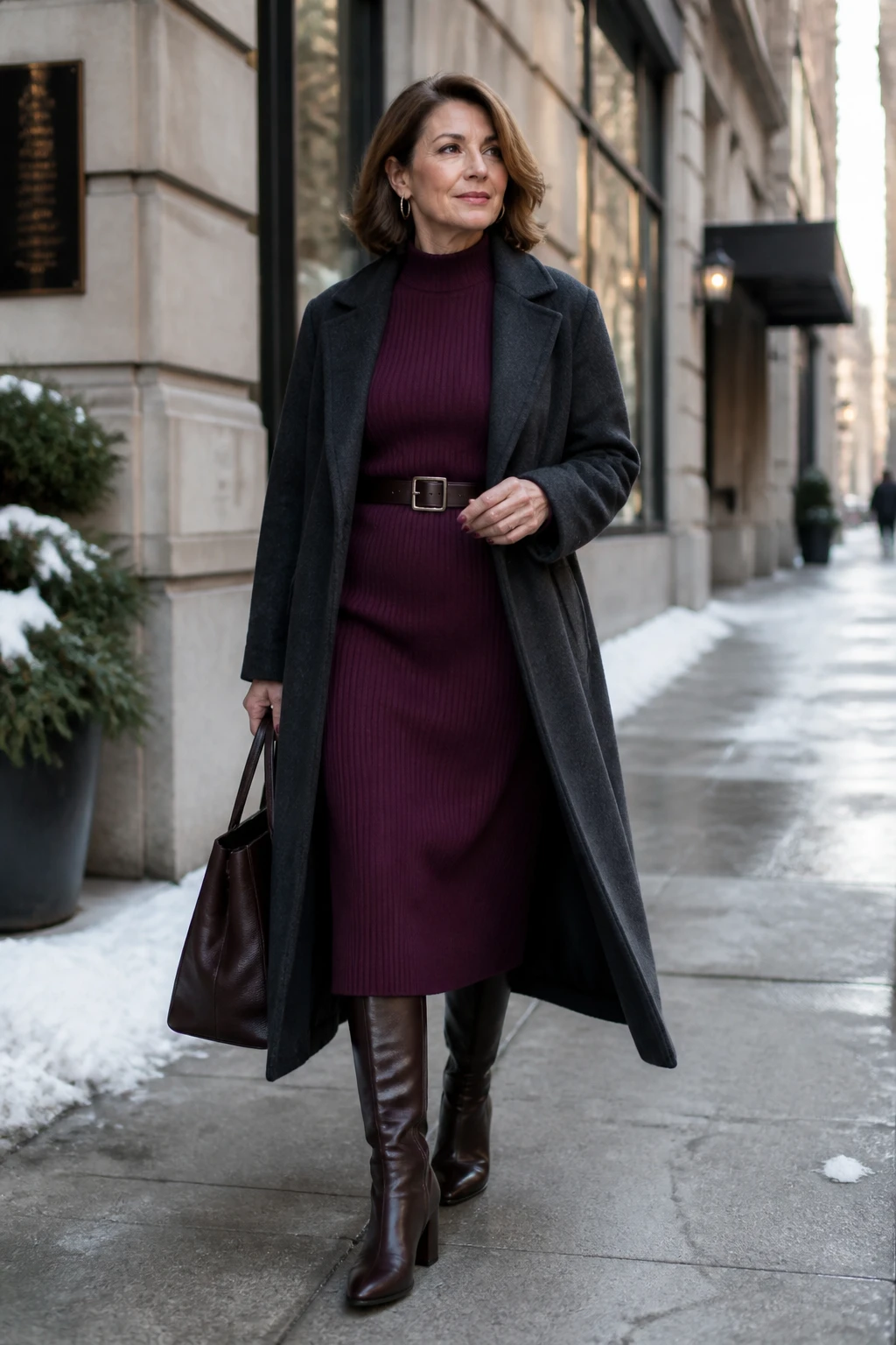 A confident woman in her late 50s wears a plum midi sweater dress with a belt, charcoal long wool coat, and tall espresso boots with thermal tights.