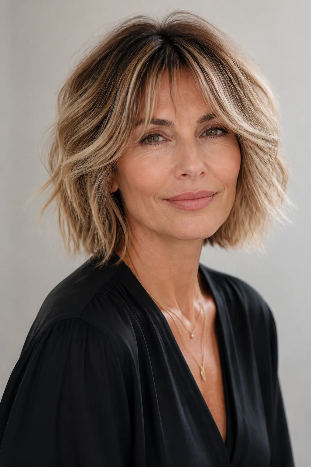 A fashionable woman in her late 40s wears a textured bob with feathery curtain bangs and light waves.