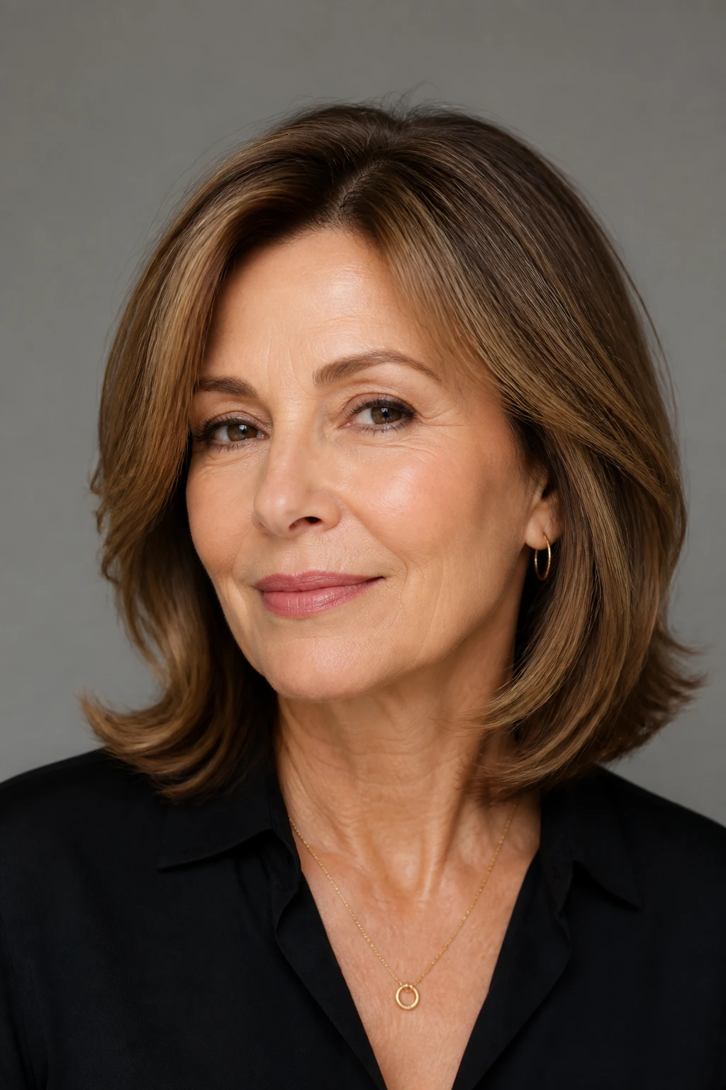 Toffee babylights at the hairline and top layer create an airy halo on fine hair for a refined woman in her late 50s.