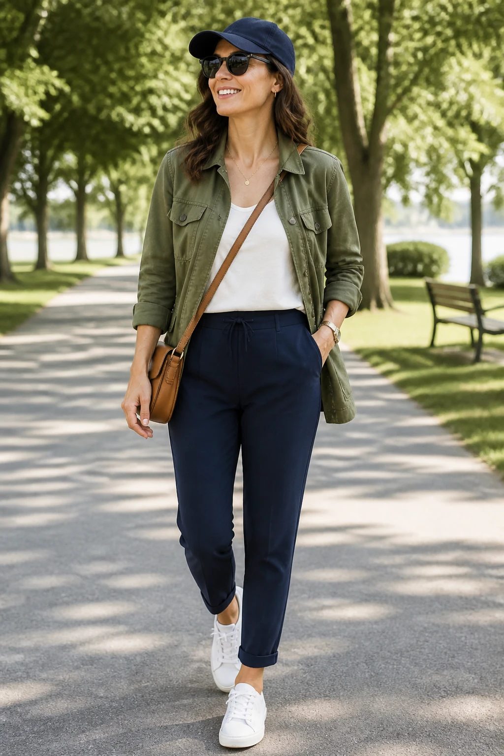A confident mid-30s woman in an olive utility jacket, tucked tank, tailored joggers, and clean trainers walks through a sunlit park.