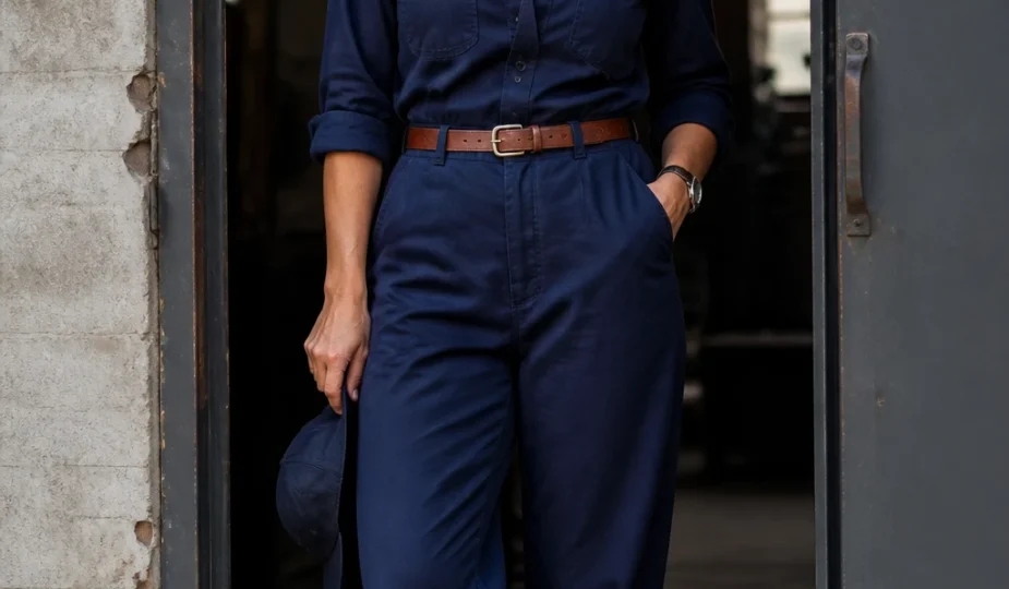 An elegant late-30s woman wears a deep navy utility jumpsuit with a defined waist, white minimal sneakers, and streamlined jewelry.