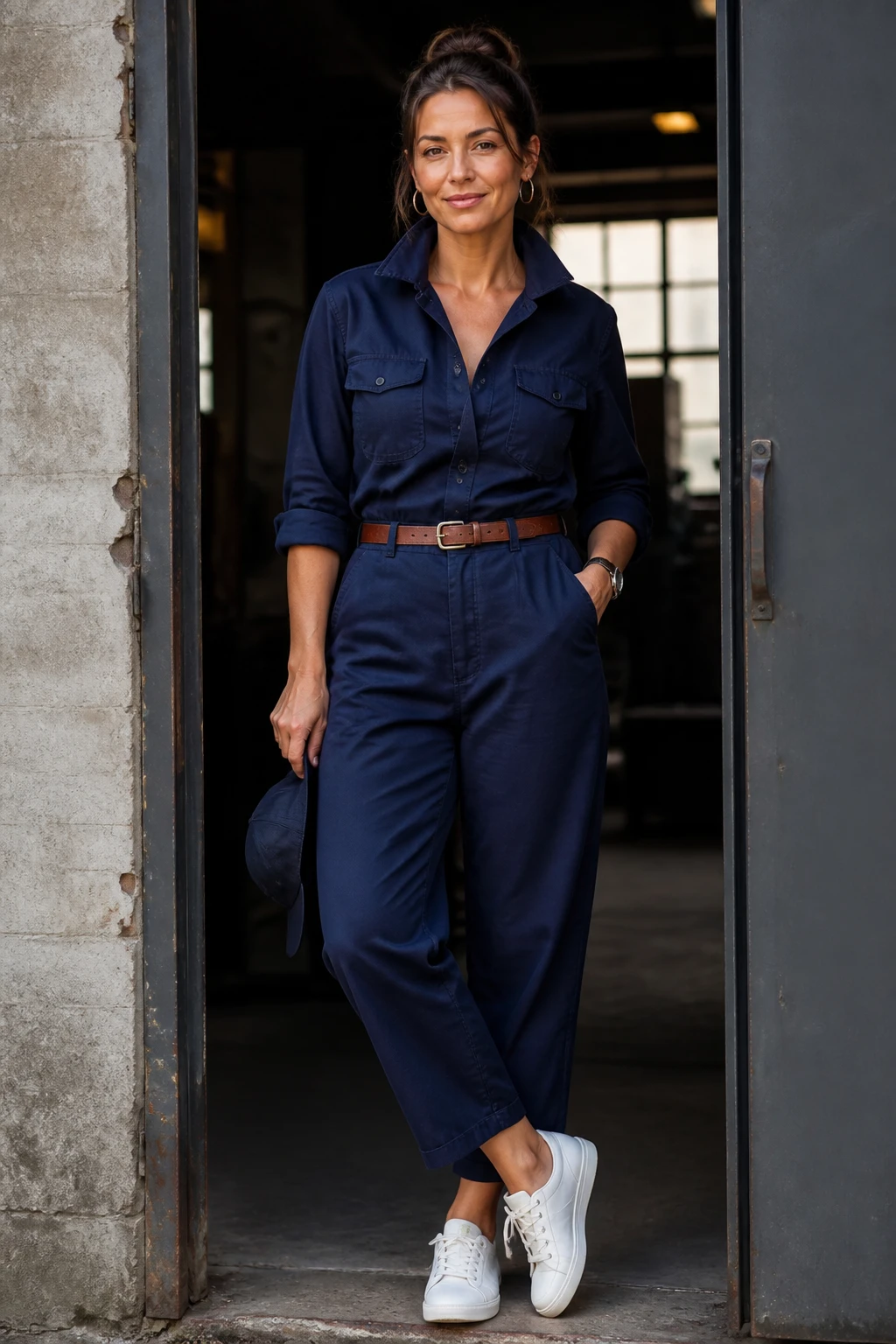 An elegant late-30s woman wears a deep navy utility jumpsuit with a defined waist, white minimal sneakers, and streamlined jewelry.