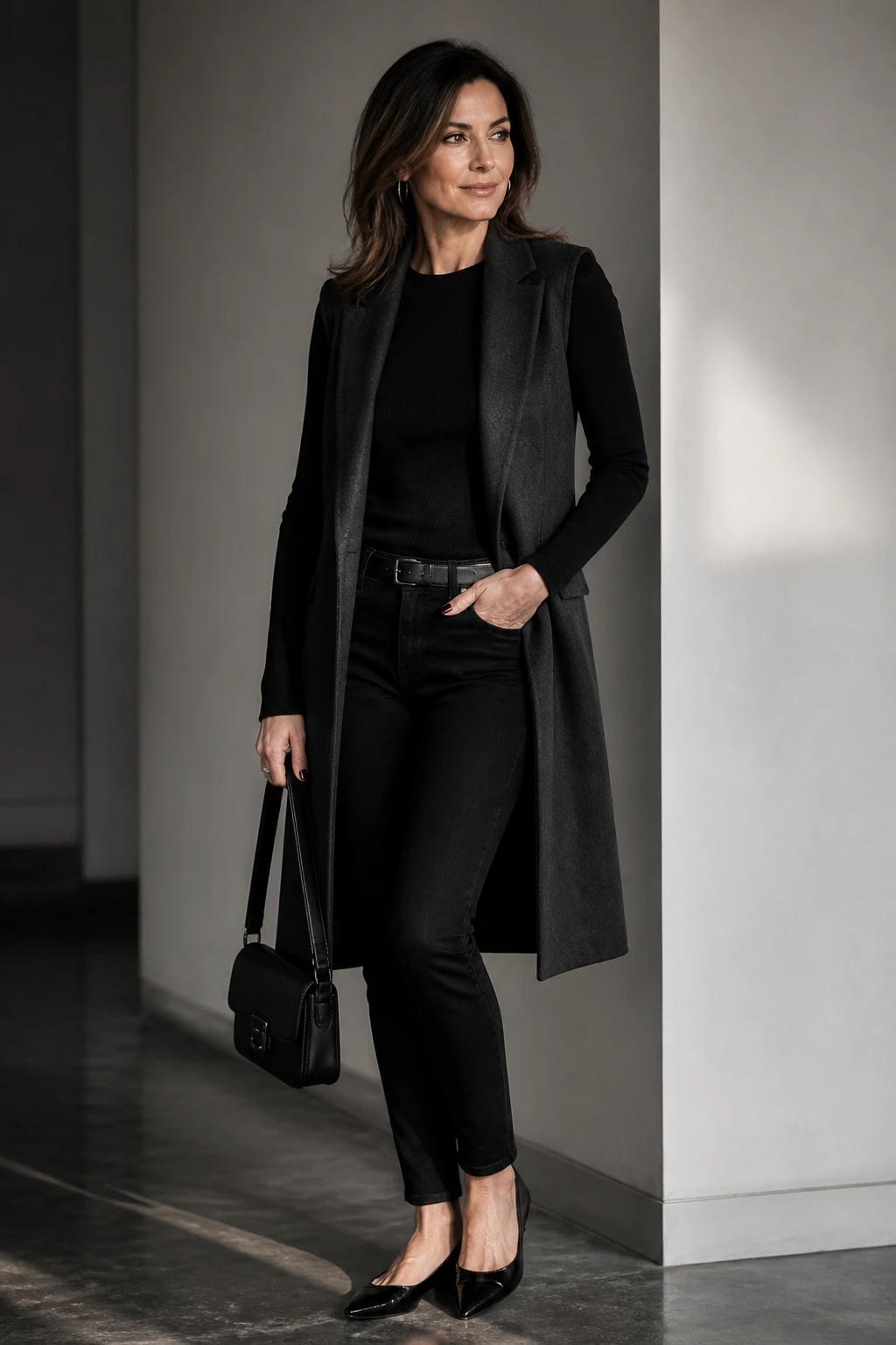 A chic mid-40s woman wears black slim jeans, a fitted knit, a longline vest, and pointed flats with matte black accessories for a streamlined look.