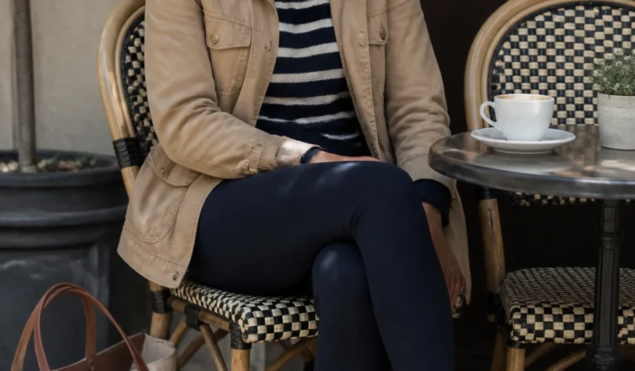 A chic mid-40s woman pairs a Breton stripe knit and tan utility jacket with navy ponte leggings and tan suede ankle boots.