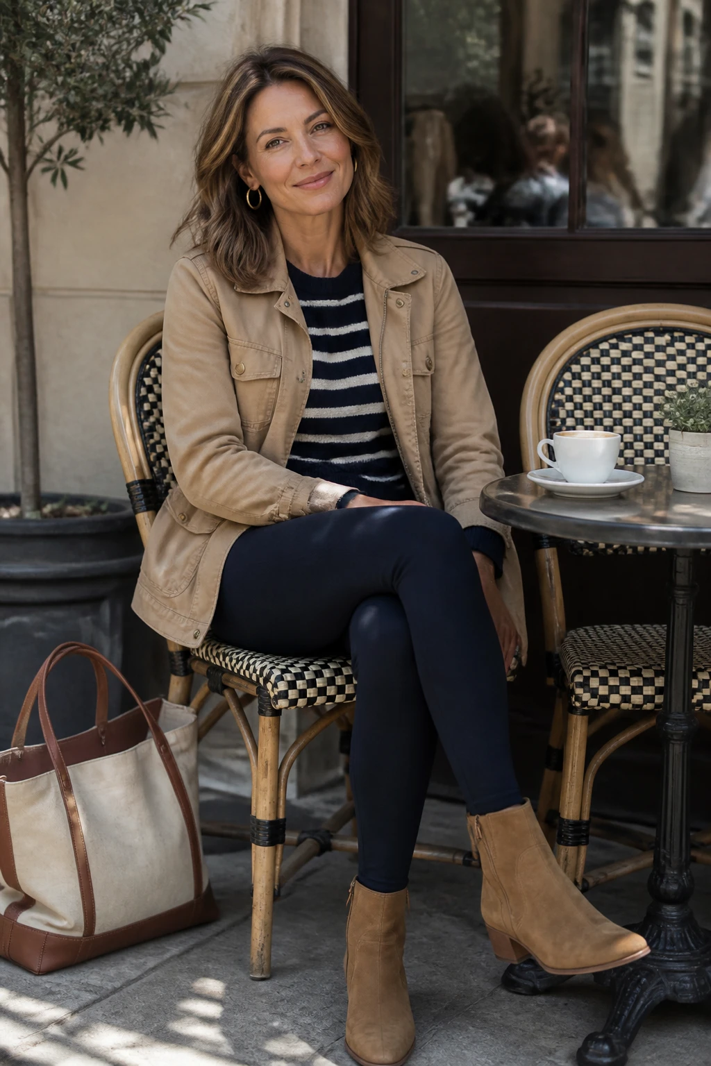 A chic mid-40s woman pairs a Breton stripe knit and tan utility jacket with navy ponte leggings and tan suede ankle boots.
