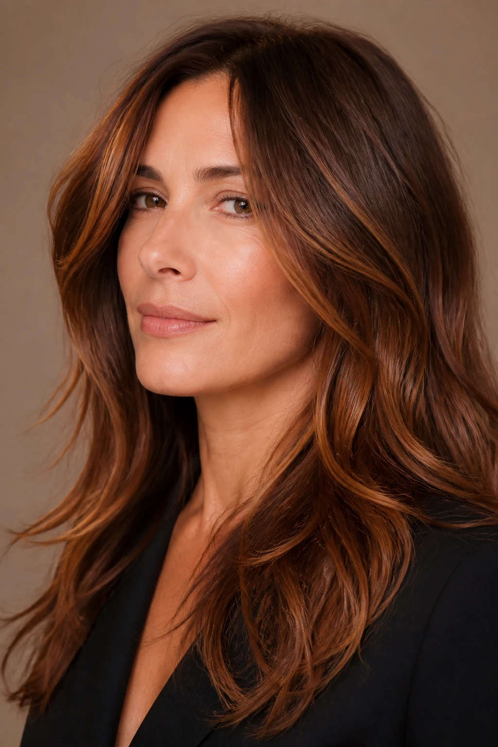 A stylish 45-year-old shows a glossy chestnut base with fine copper ribbon lights around the face.