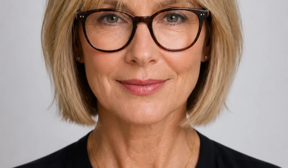 A chic 56-year-old woman with a chin-length French bob and soft piecey fringe that hovers just above her glasses.