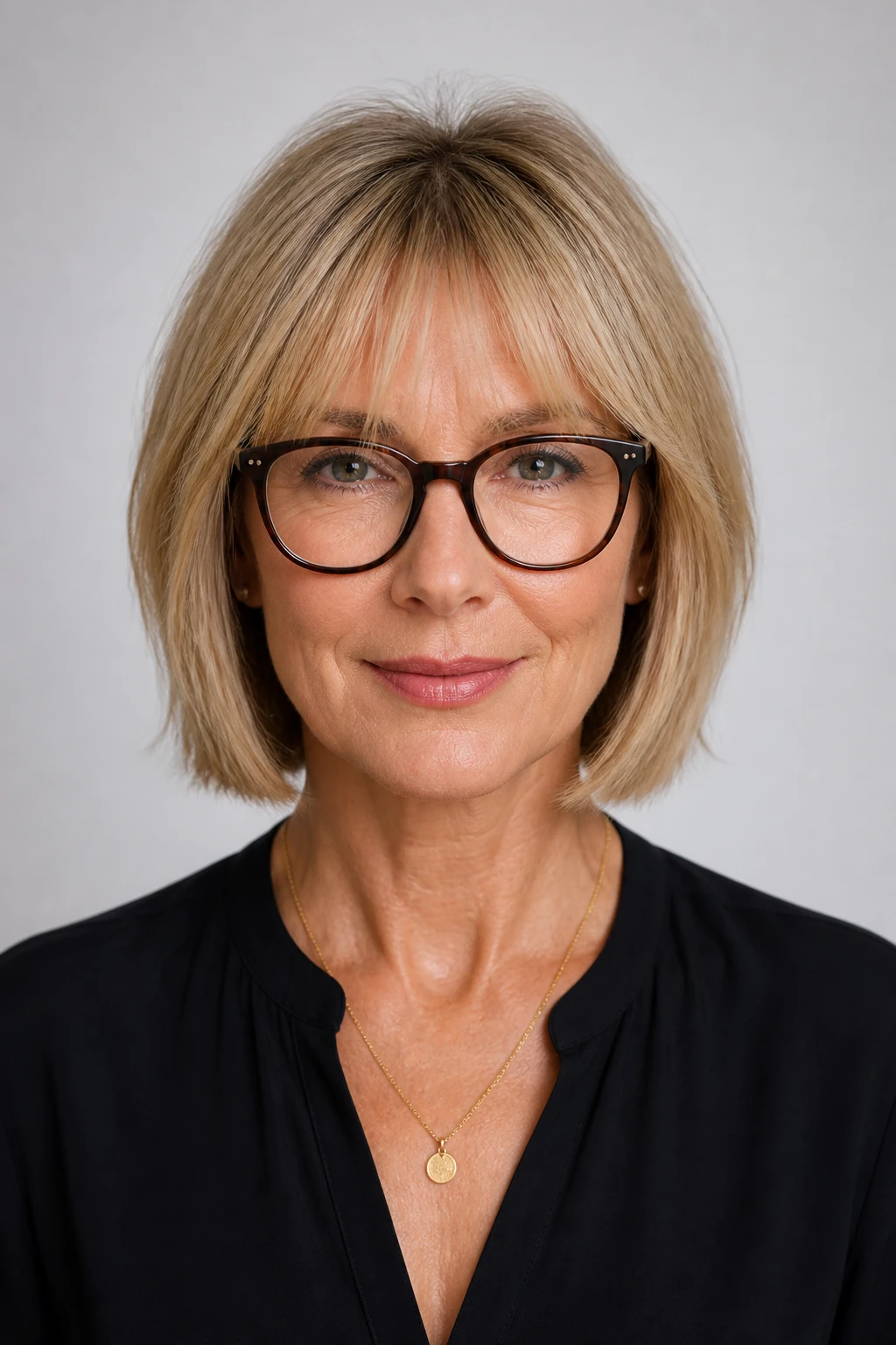 A chic 56-year-old woman with a chin-length French bob and soft piecey fringe that hovers just above her glasses.